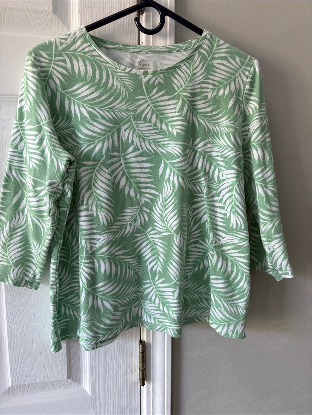 Kim Rogers Mint Green and White Palm-Print Long Sleeve Tee